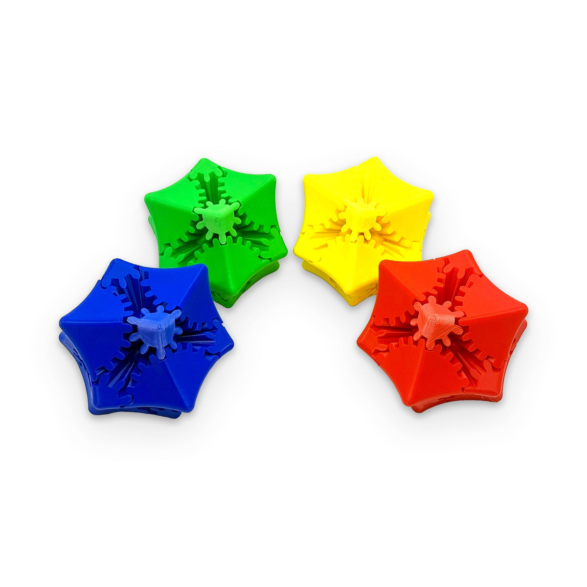 Gear Star fidget impreso en 3D en rojo, azul, verde y amarillo – Lugu